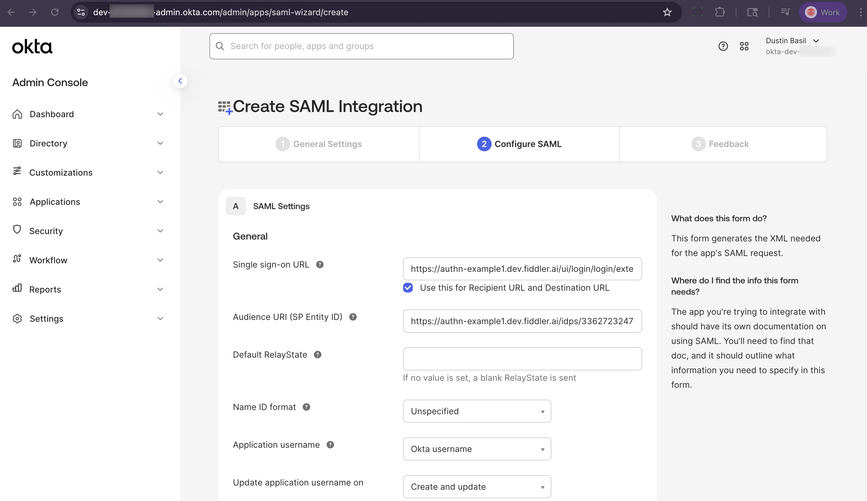 Okta admin console application page with sign-in and sign-out URLs