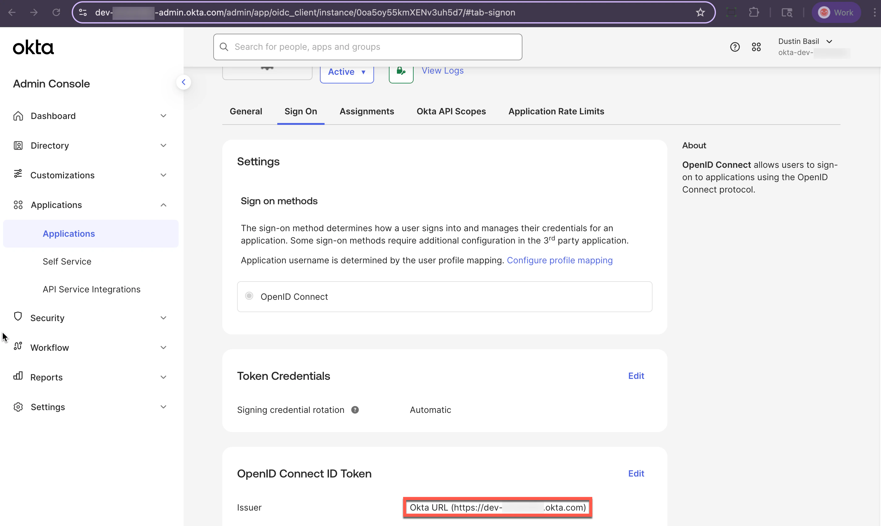 Okta admin console application page with client id and secret