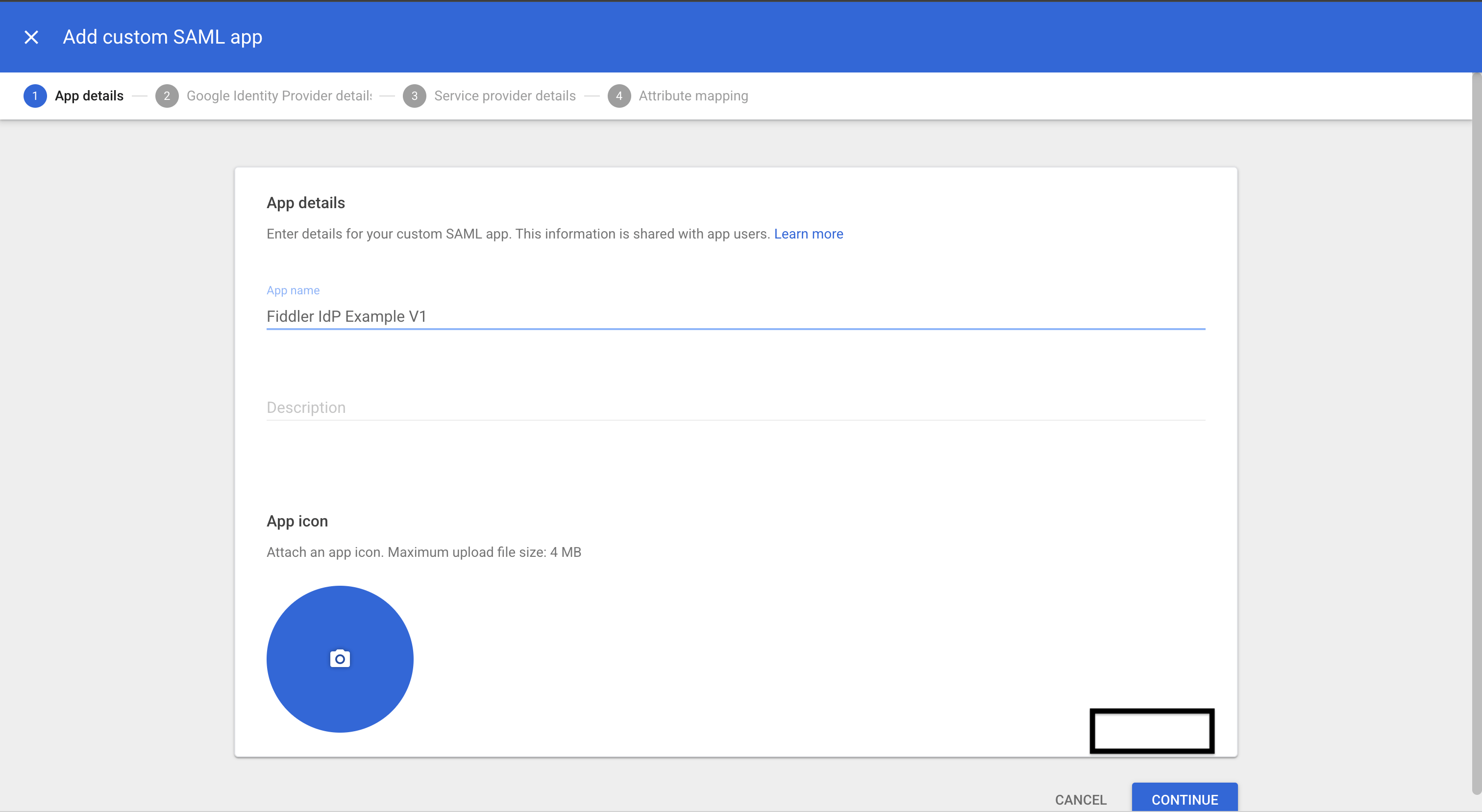 Google Admin console custom SAML app name entry