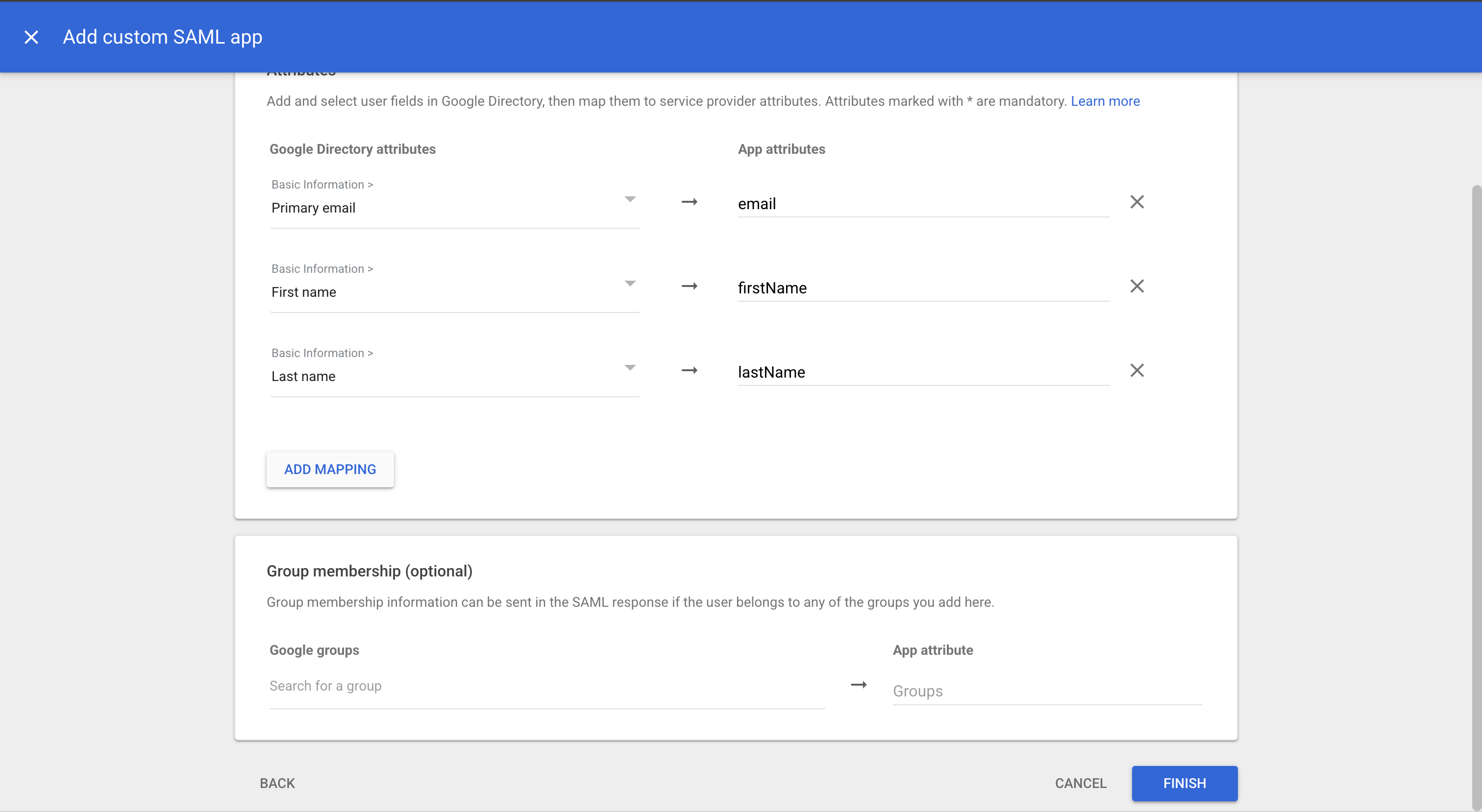 Google Admin console SAML attribute mapping