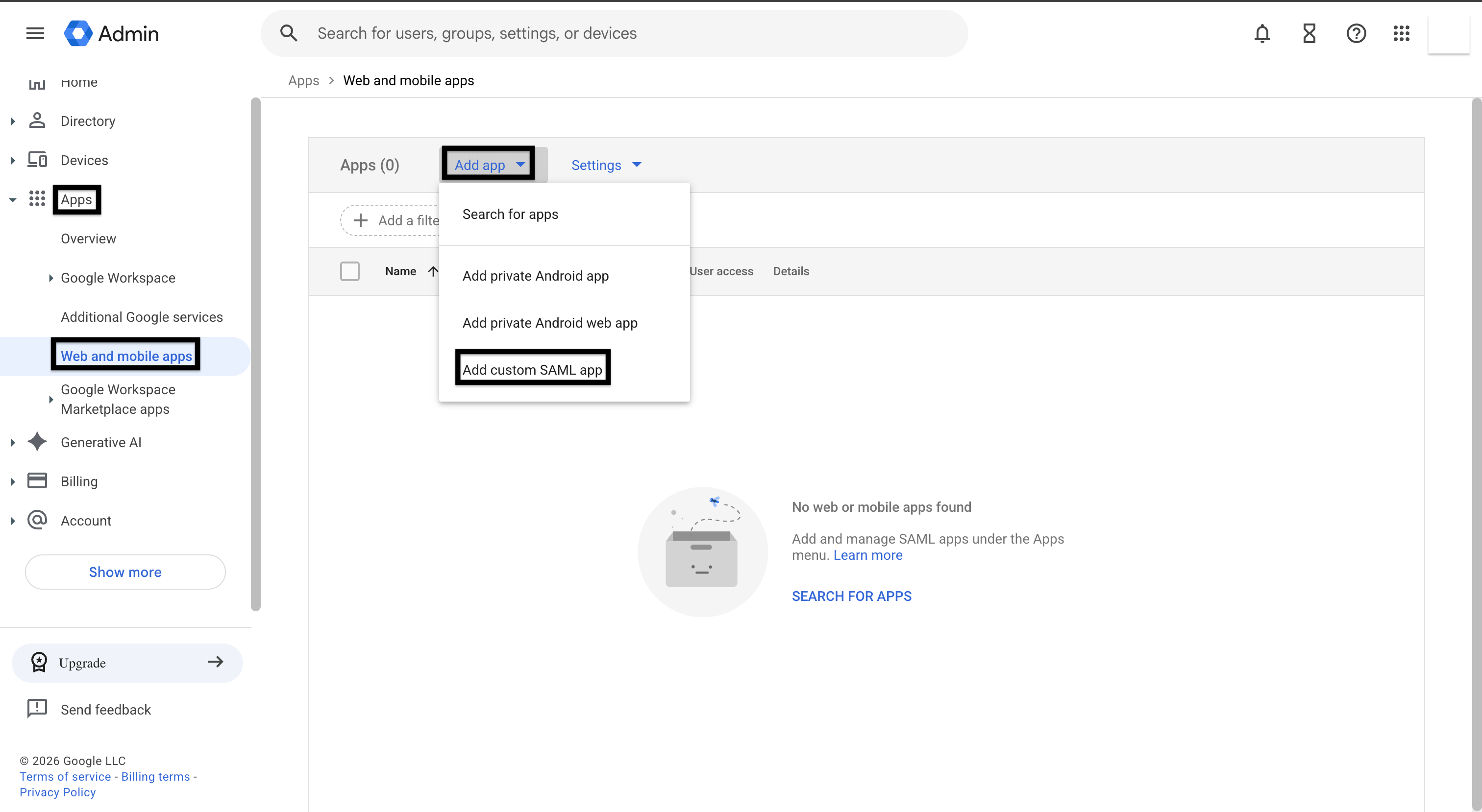 Google Admin console Web and mobile apps page with the Add custom SAML app option