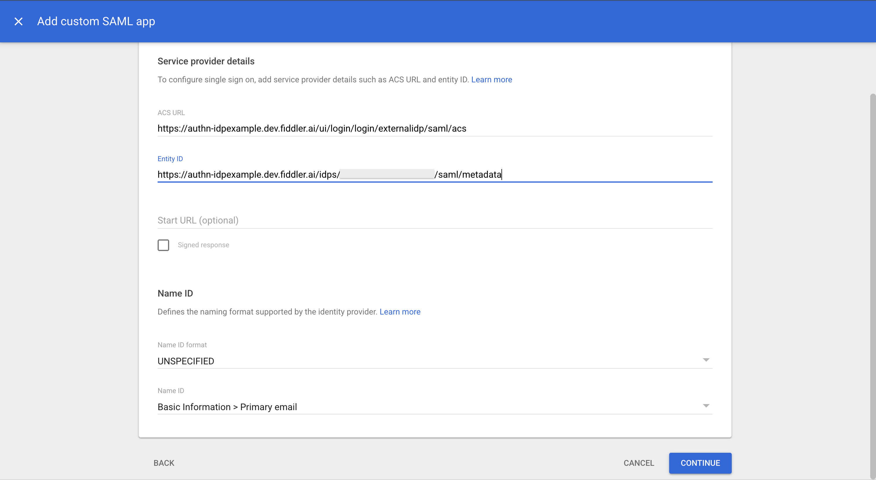 Google Admin console SAML service provider details
