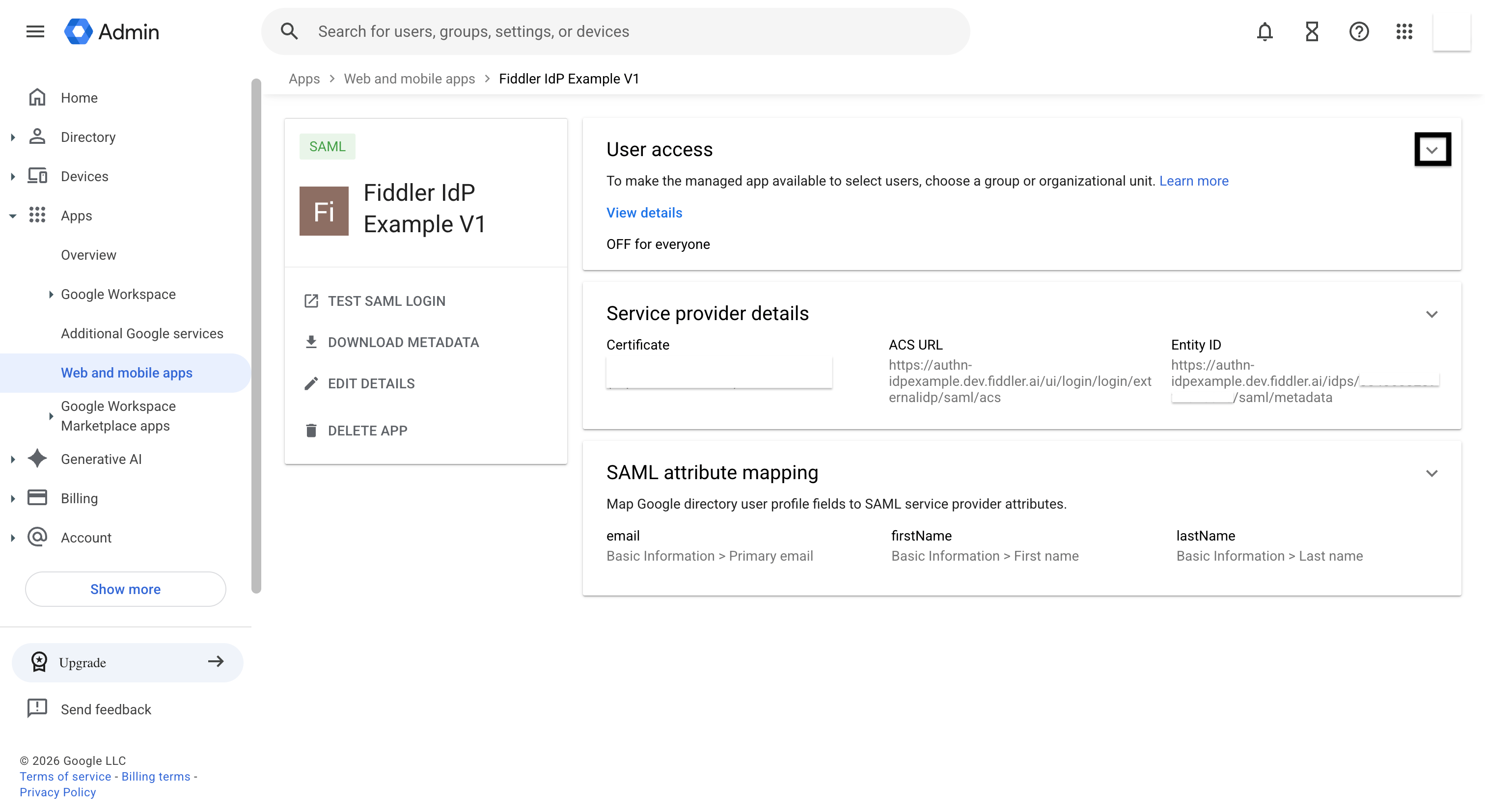Google Admin console SAML app page with the User access section