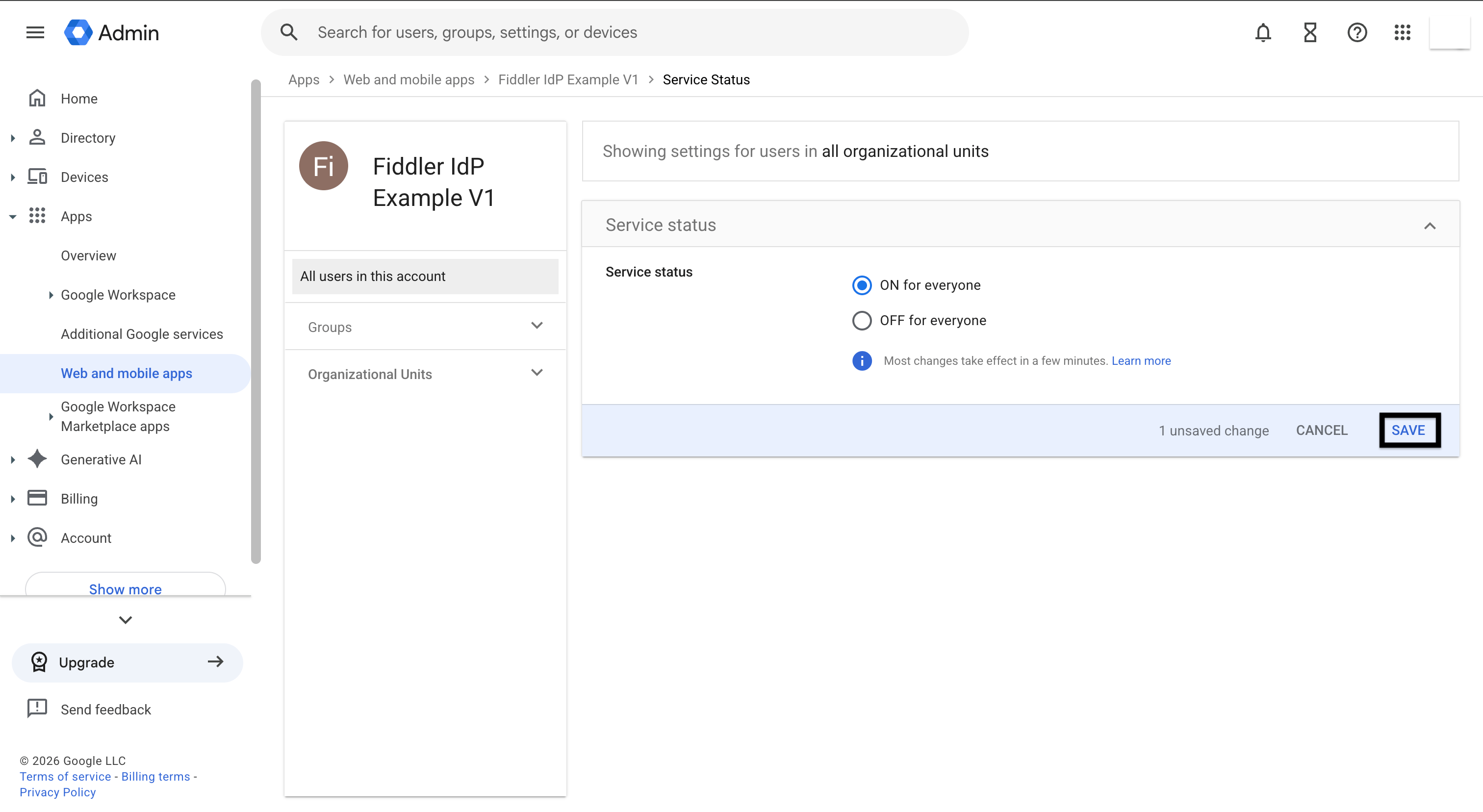 Google Admin console user access set to On for everyone