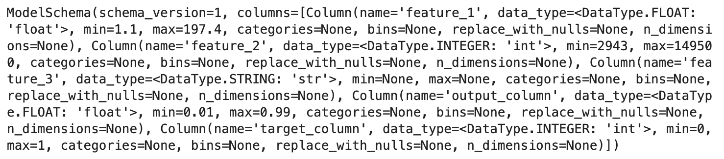 Raw output of the ModelSchema object properties.