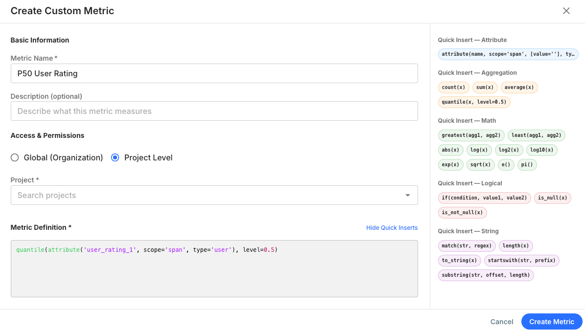 Custom metric creation form in the Fiddler UI