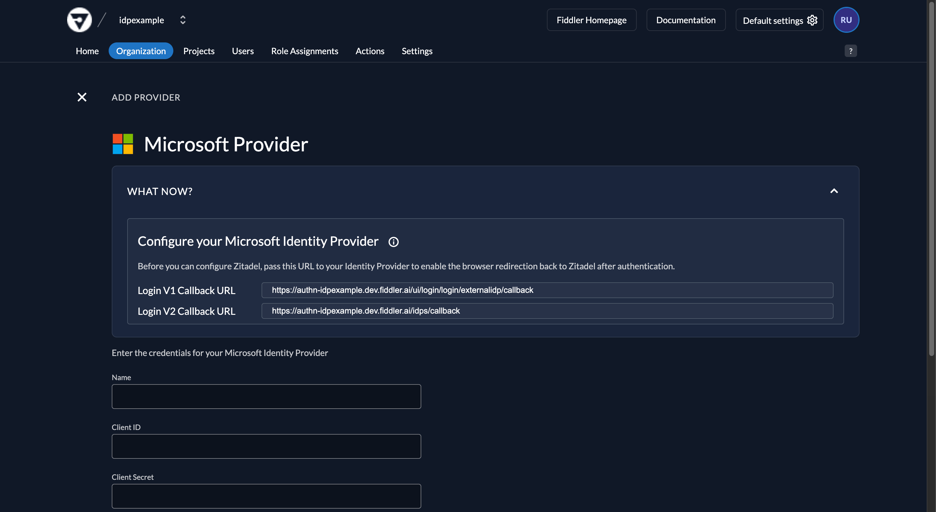 Fiddler AuthN console add new Microsoft provider form with callback URL