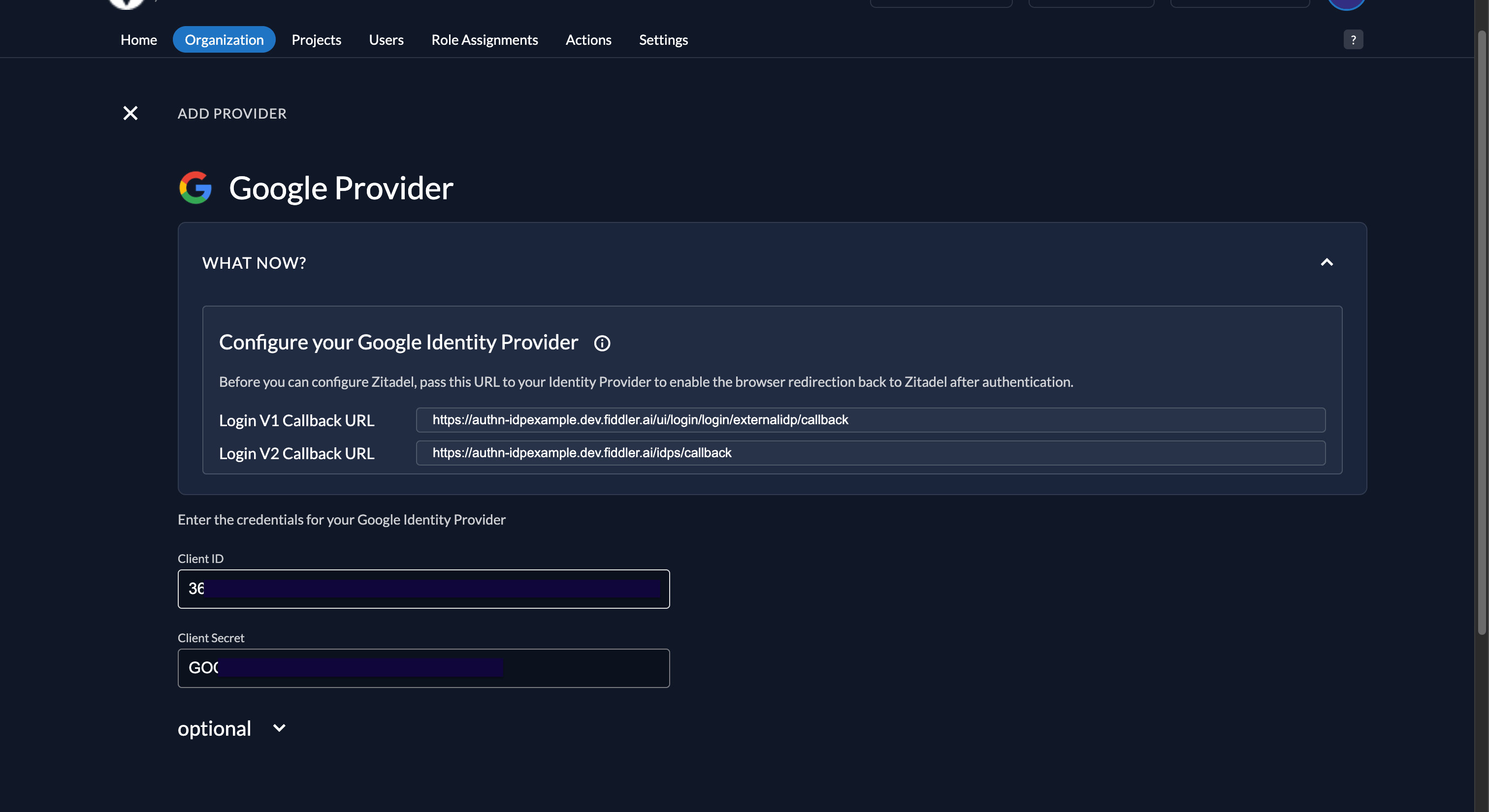 Fiddler AuthN console Google provider client credentials