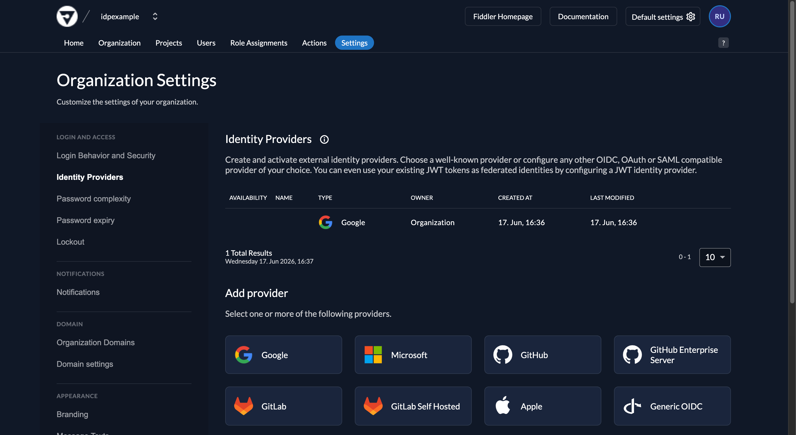 Fiddler AuthN console with newly created Google OIDC IdP