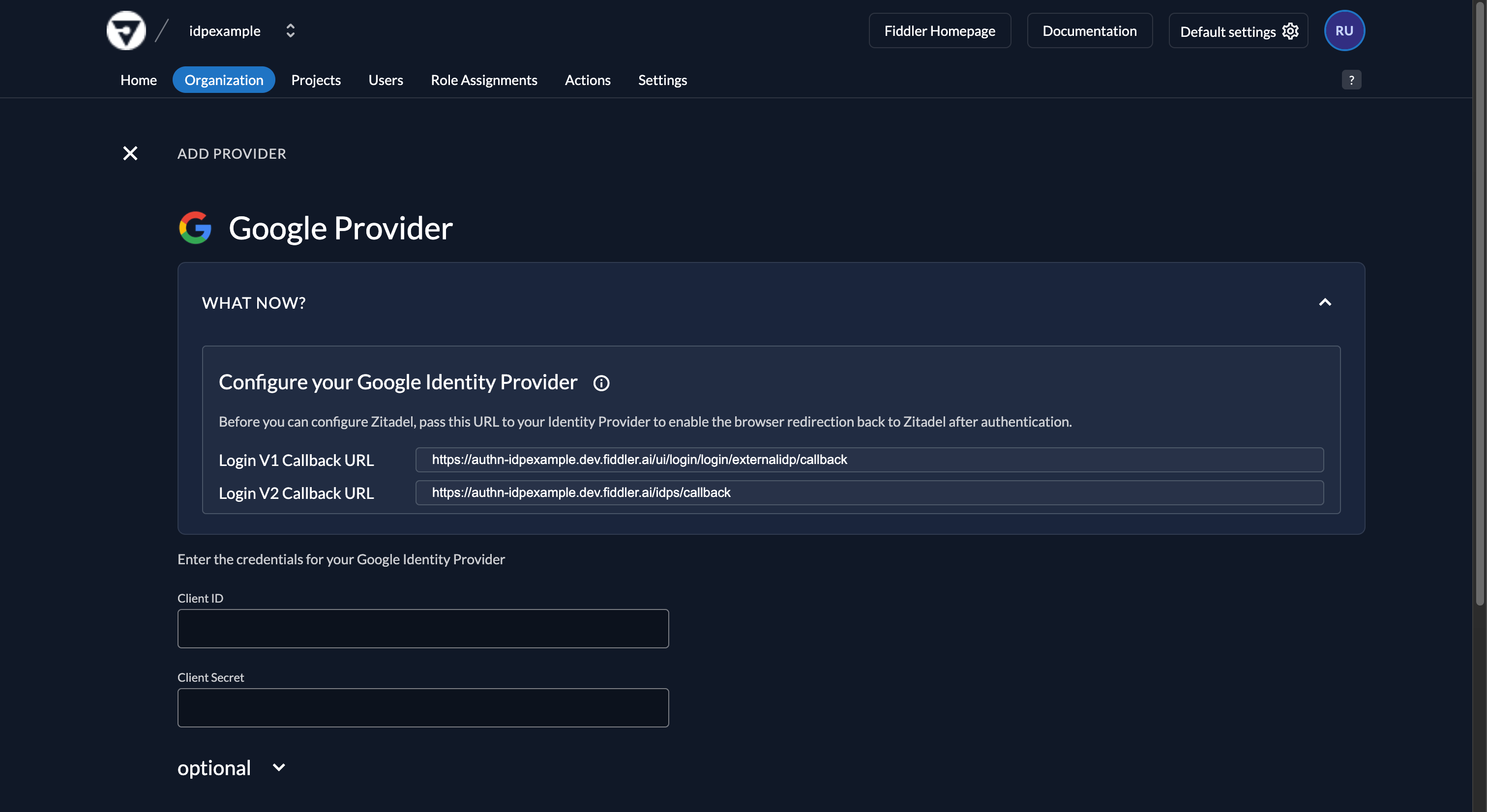 Fiddler AuthN console add new Google provider form with callback URL