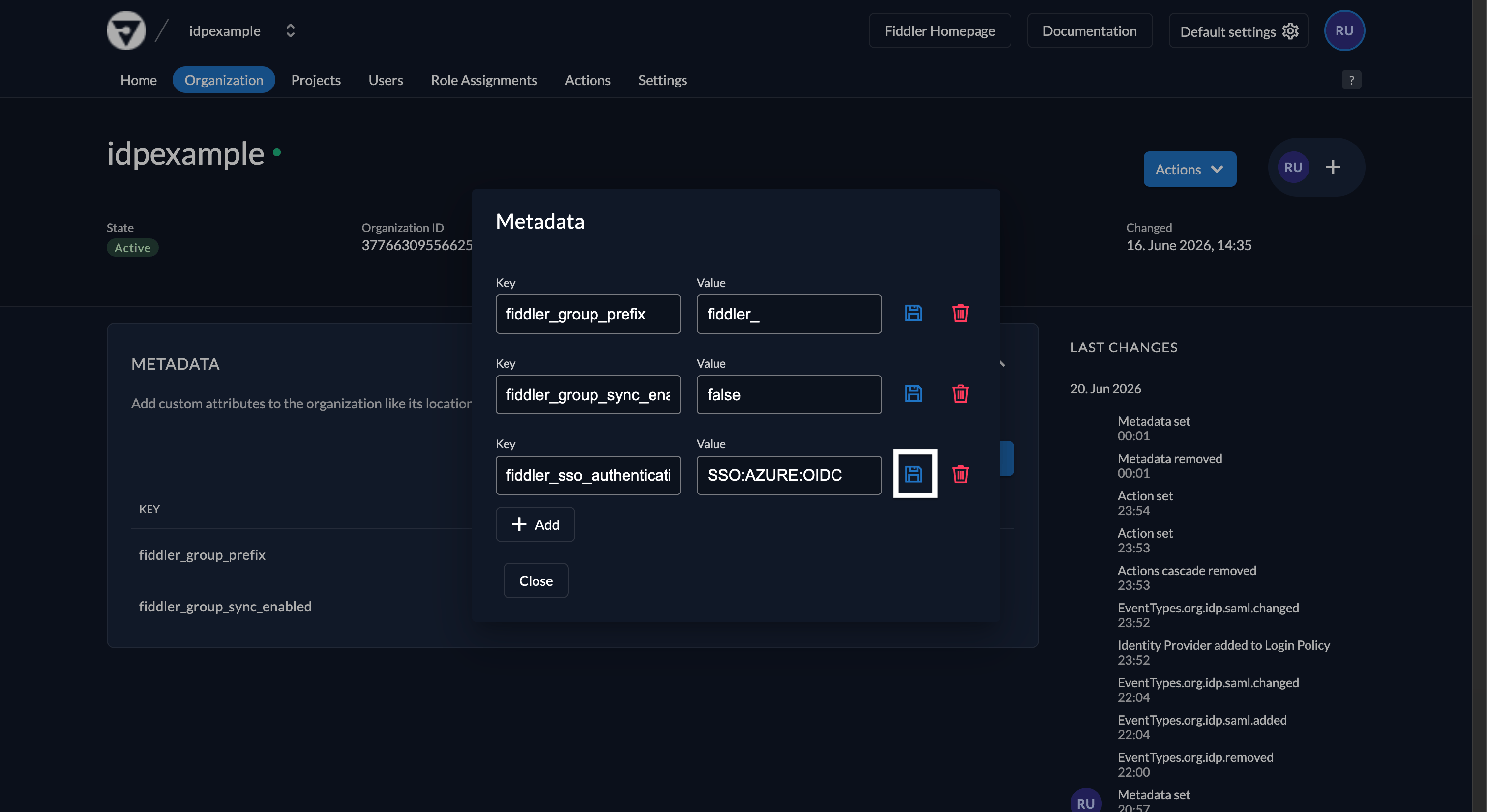 Fiddler AuthN console organization metadata with Microsoft Entra ID authentication type