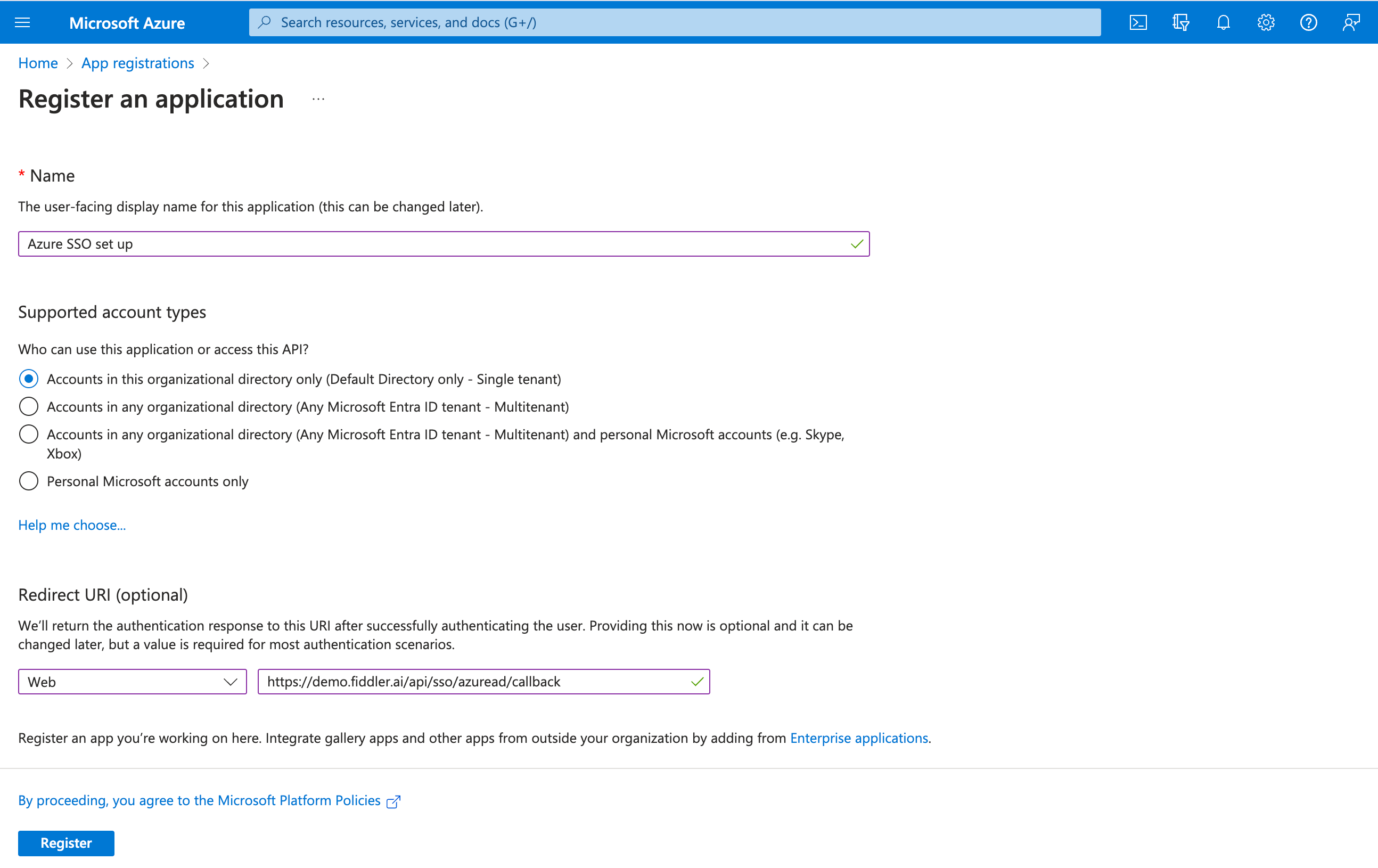register an application - screenshot