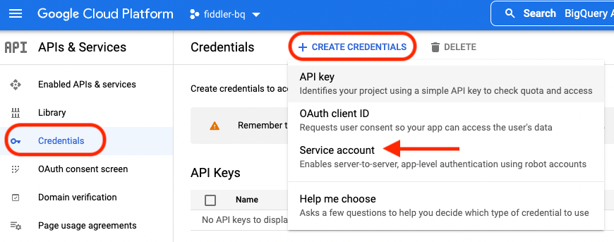 APIs & Services credentials landing page showing the Credentials left navigation link and the Create Credentials button highlighted.