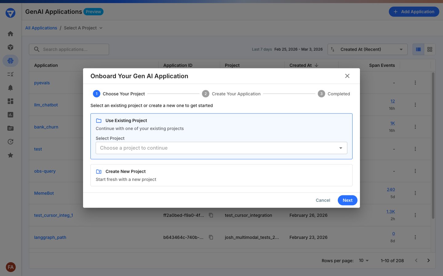 Add Application dialog showing options to use an existing project or create a new one