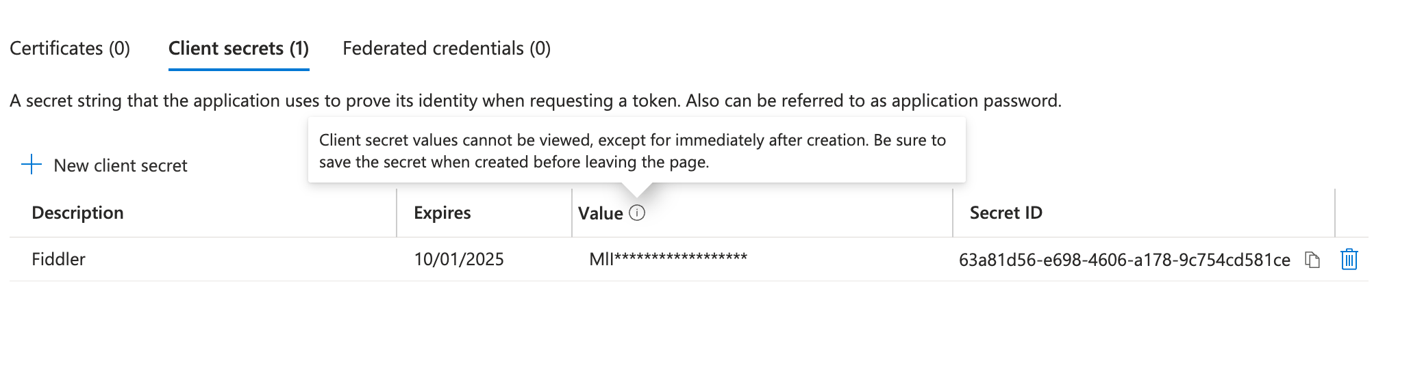 Masked client secret value