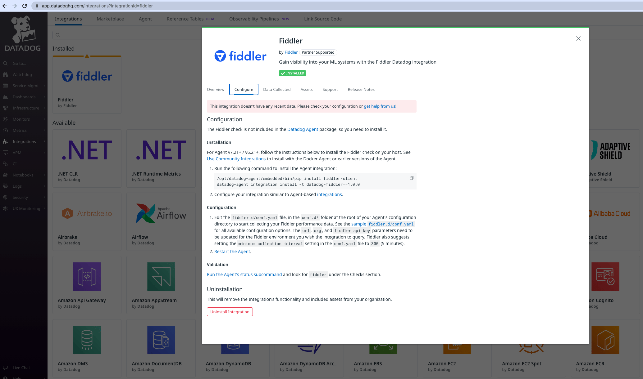 The Fiddler Datadog integration app Configuration tab