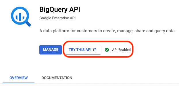 BigQuery API landing page highlighting the Try This API button and showing the API as enabled.