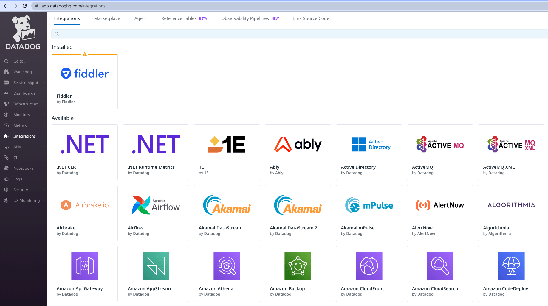 Fiddler displayed as installed in the Datadog marketplace Integrations tab
