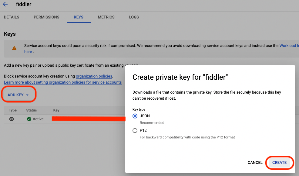 Showing Keys tab of the new service account and the create private key model for example account "fiddler" with JSON key type option selected.