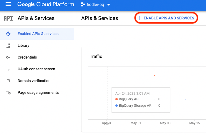 GCP APIs & Services dashboard with the Enable APIs and Services button highlights.