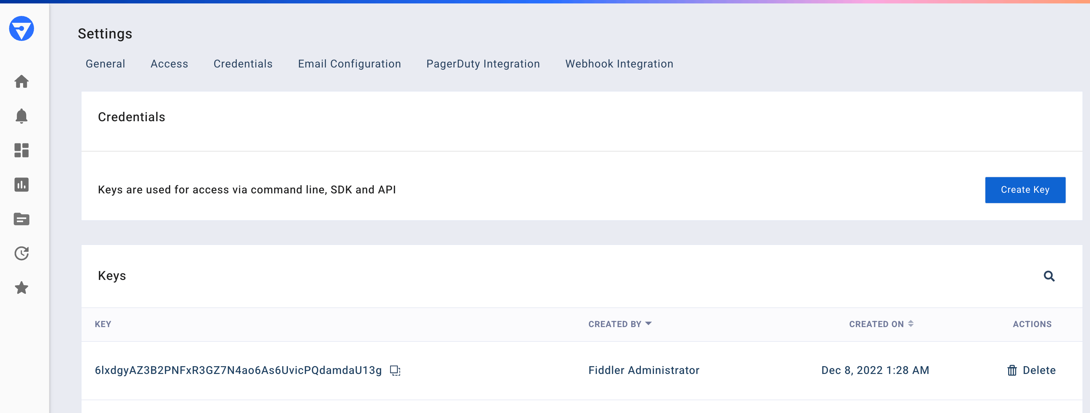 Settings page Credentials tab displaying Create Key button
