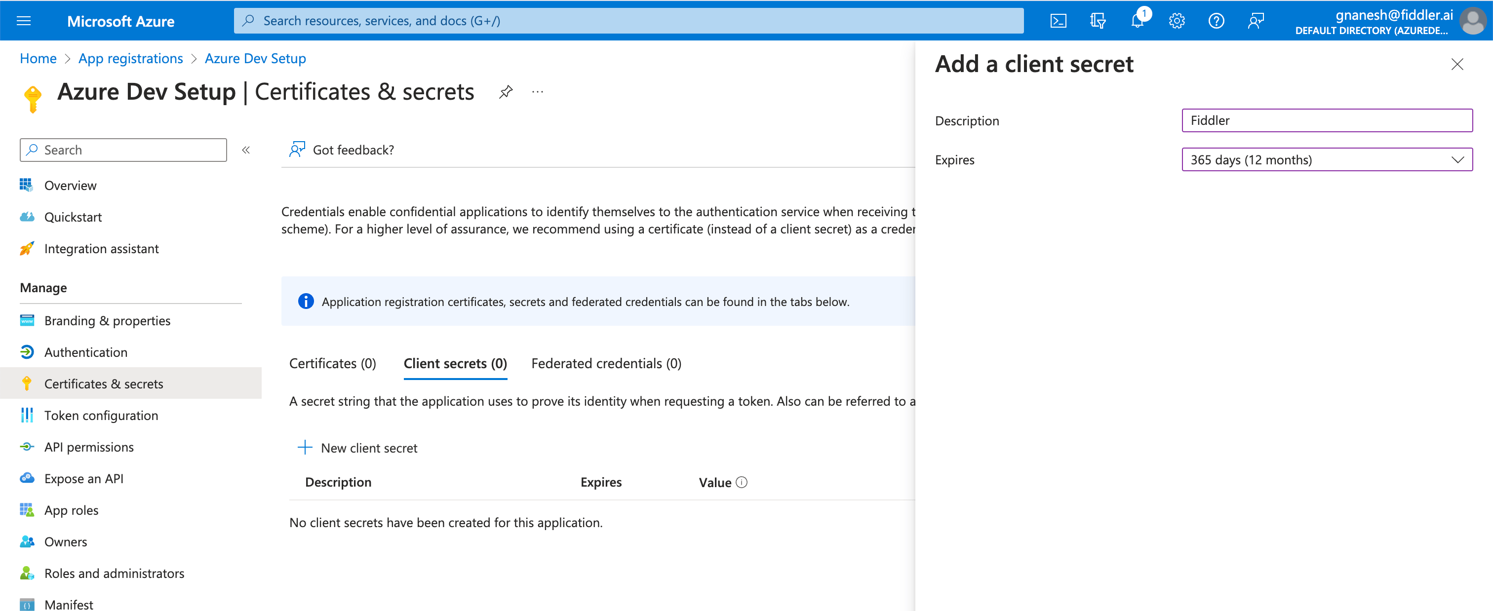 create a new client secret - screenshot