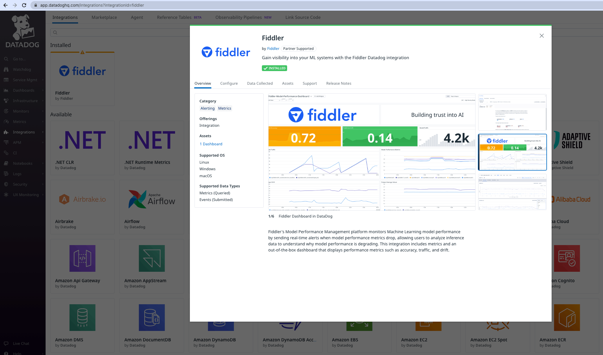 The Fiddler Datadog integration app Overview tab