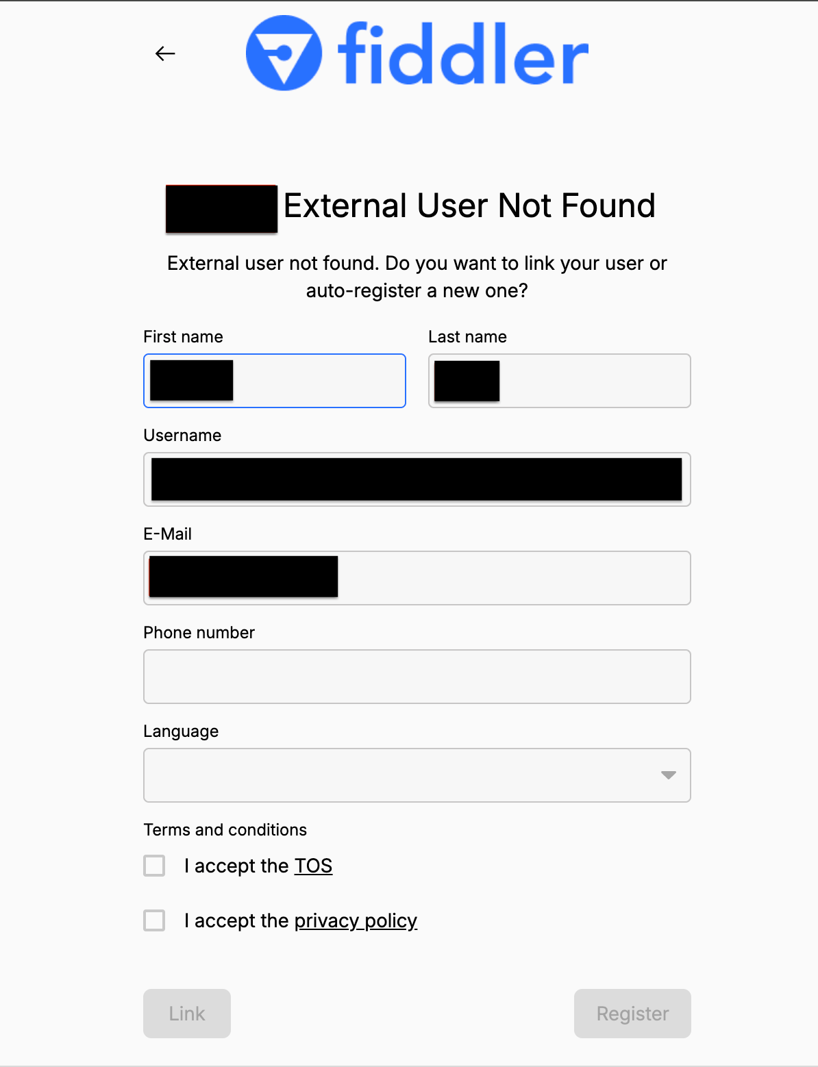 External User Not Found error screen after SSO login