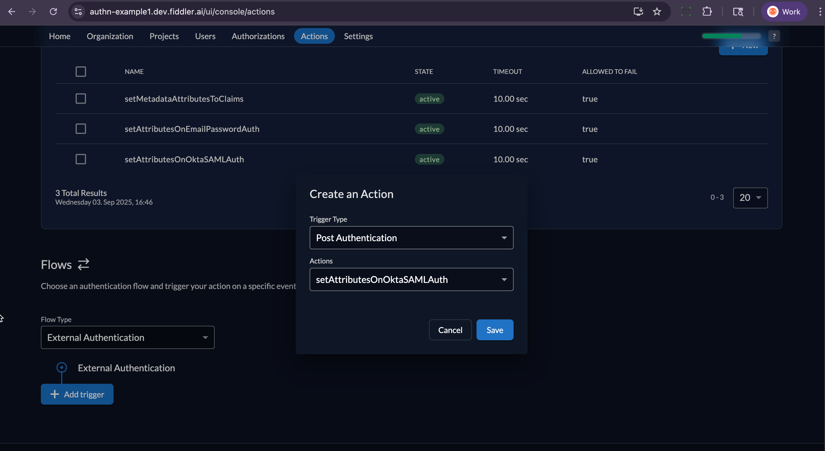 Fiddler AuthN console new Action trigger creation