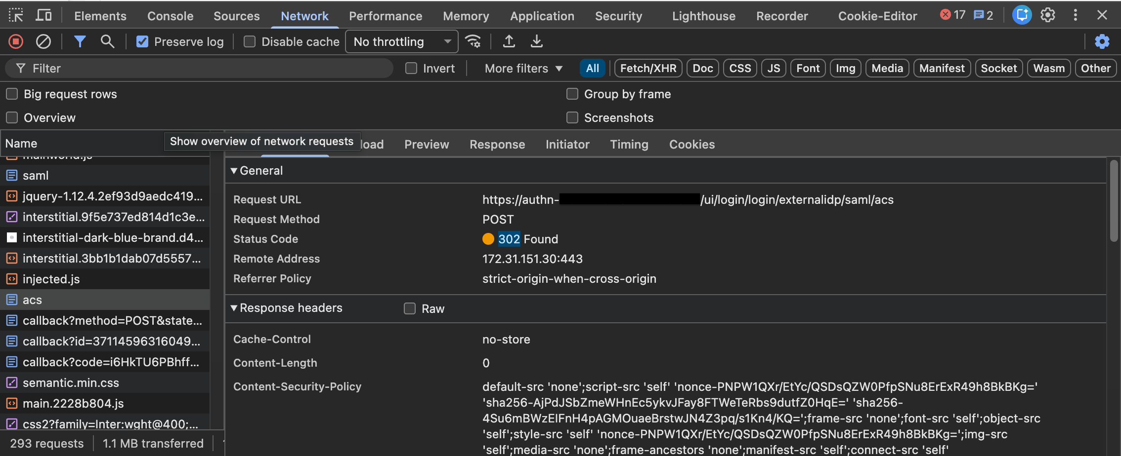 Chrome DevTools Network tab showing the SAML ACS POST request