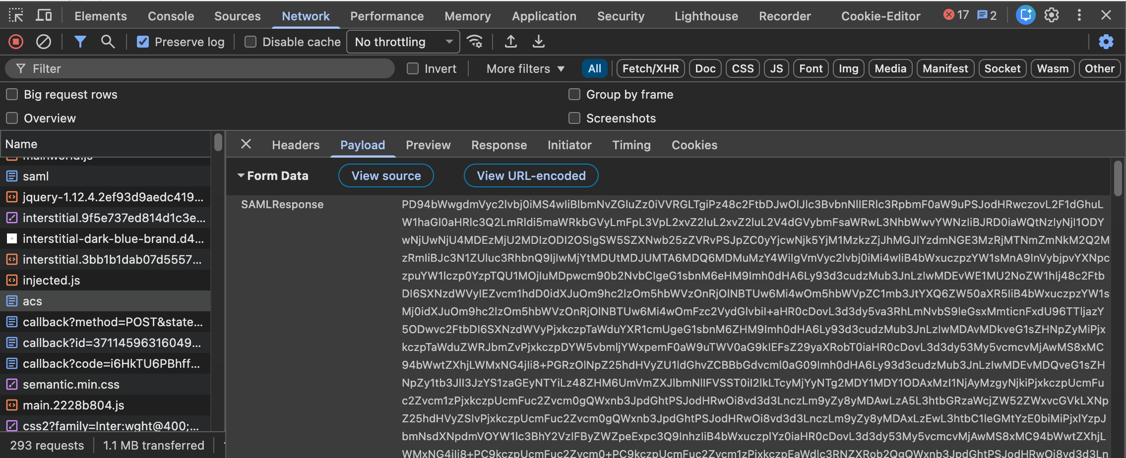 Chrome DevTools Payload tab showing the SAMLResponse value