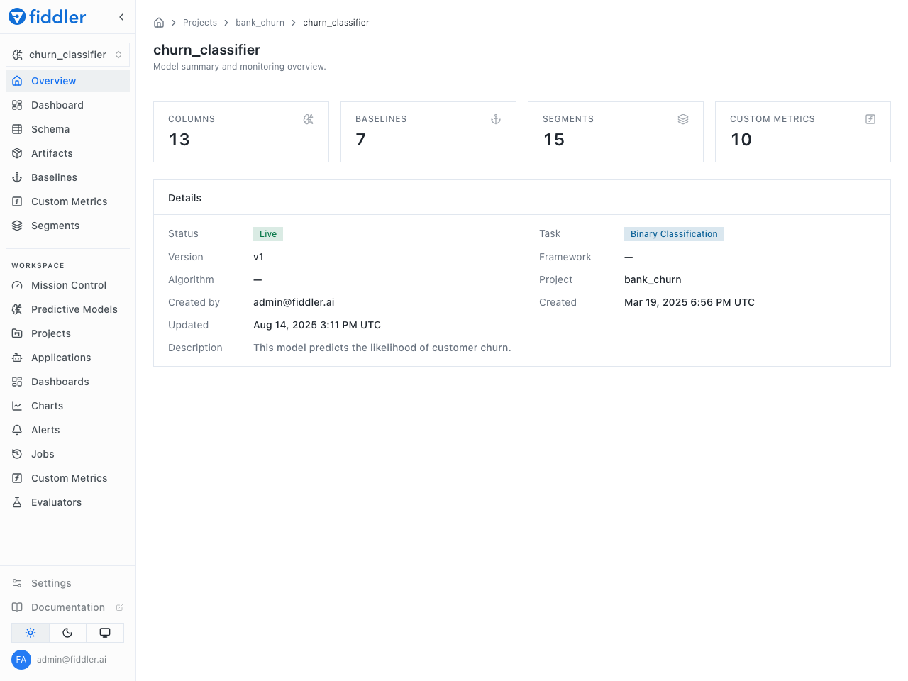 The redesigned Fiddler sidebar with an ML model selected, next to the model's Overview page showing its columns, baselines, segments, and custom metrics