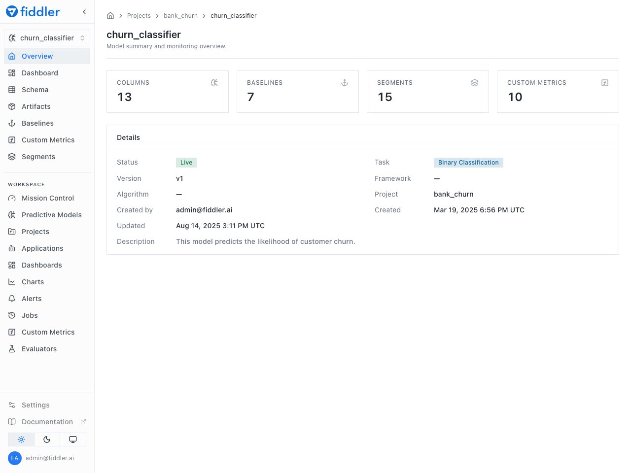 The redesigned Fiddler sidebar with an ML model selected, next to the model's Overview page showing its columns, baselines, segments, and custom metrics