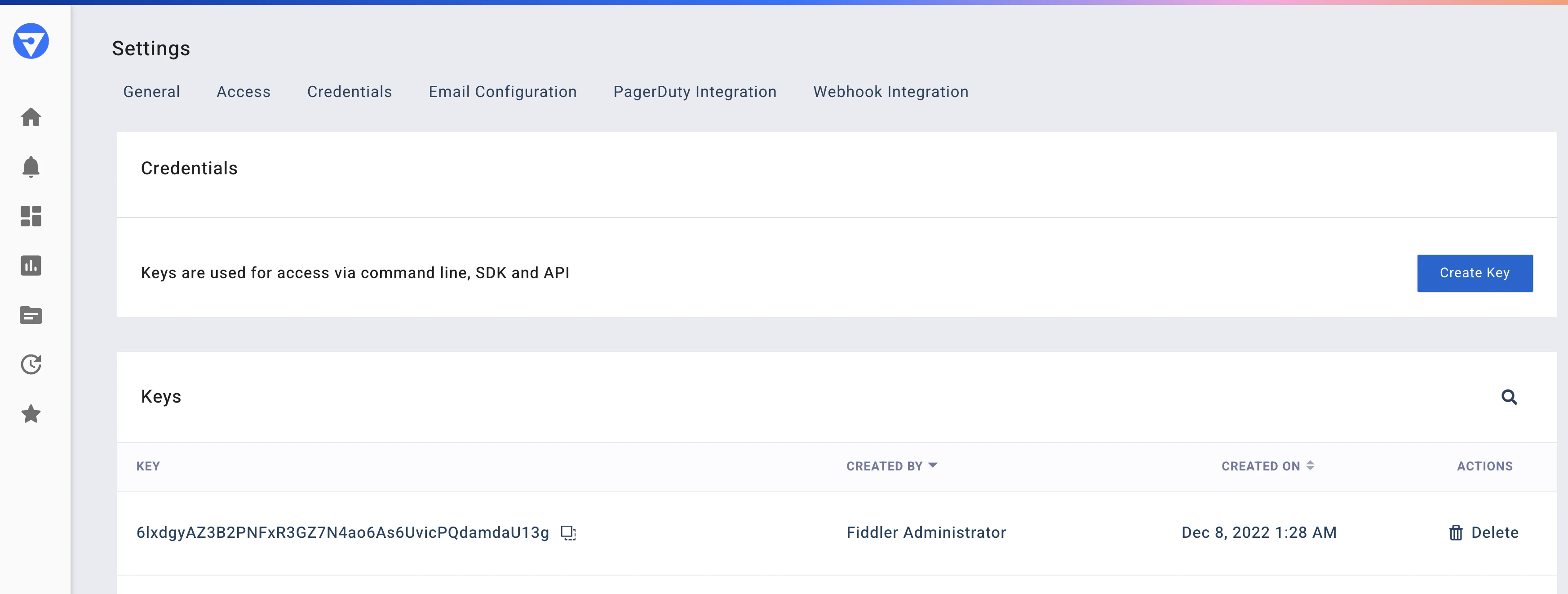 Settings page Credentials tab displaying Create Key button