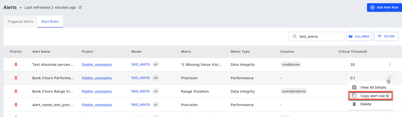 Alert Rule list with Copy alert rule ID highlighted in an alert rule's context menu