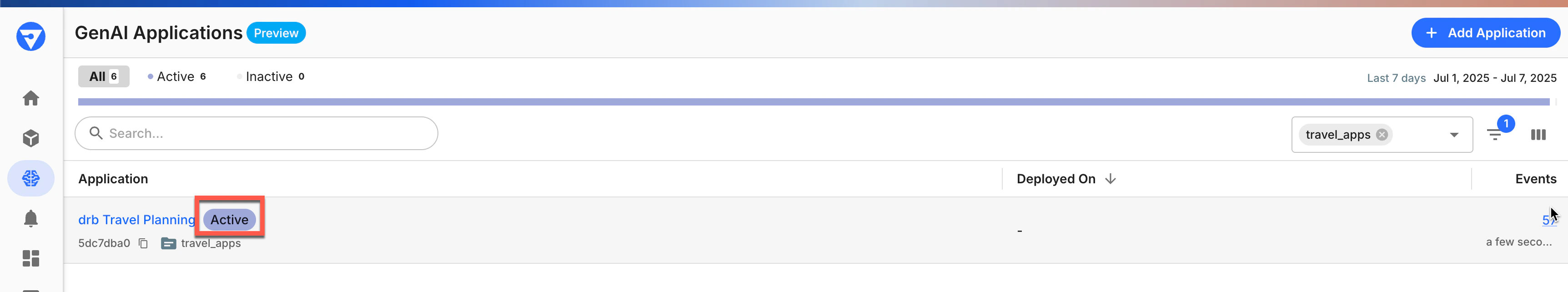 GenAI application showing active status