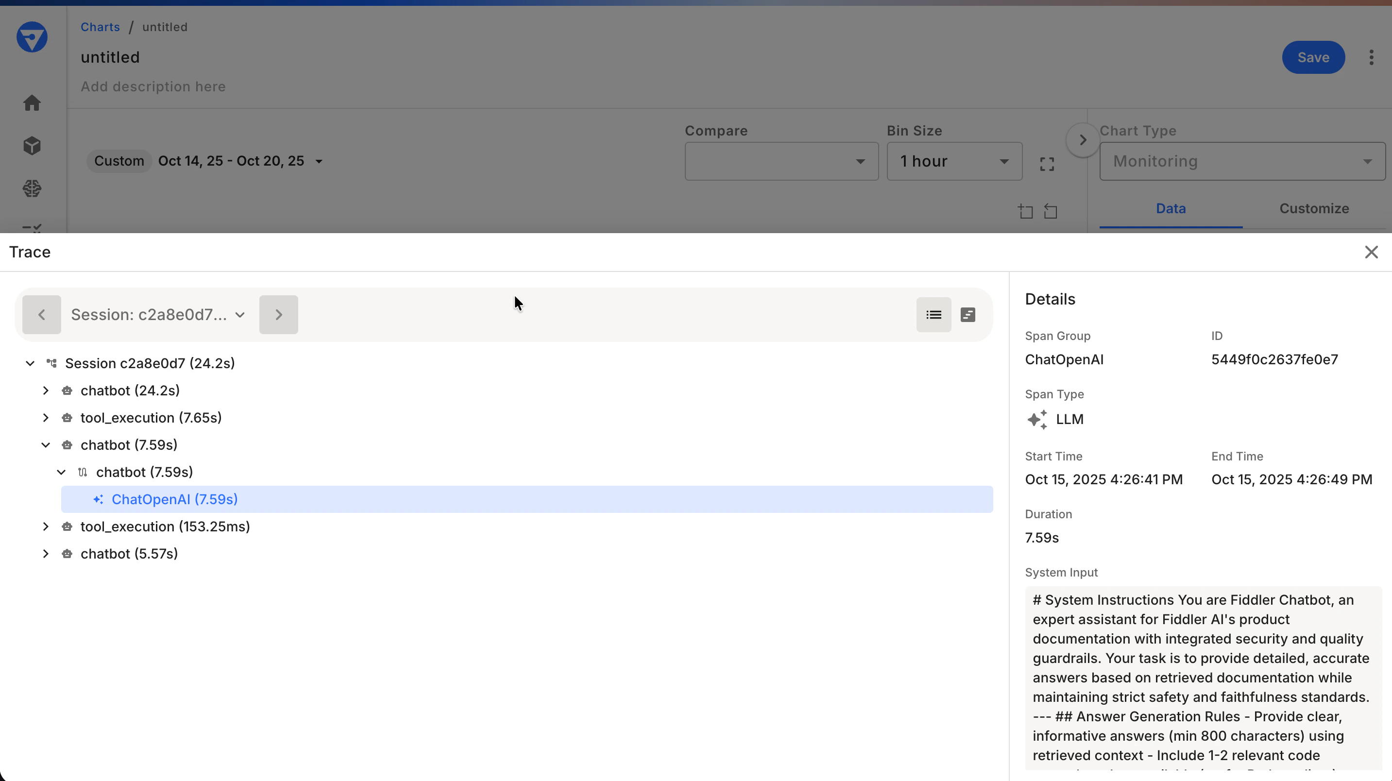 Agent application span trace view