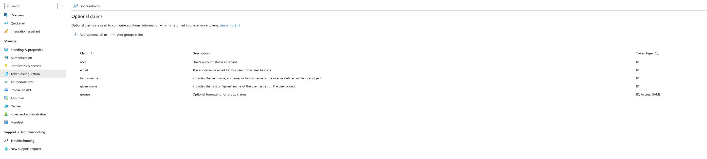 Configured Token Permissions includes acct, email, family_name, given_name and groups