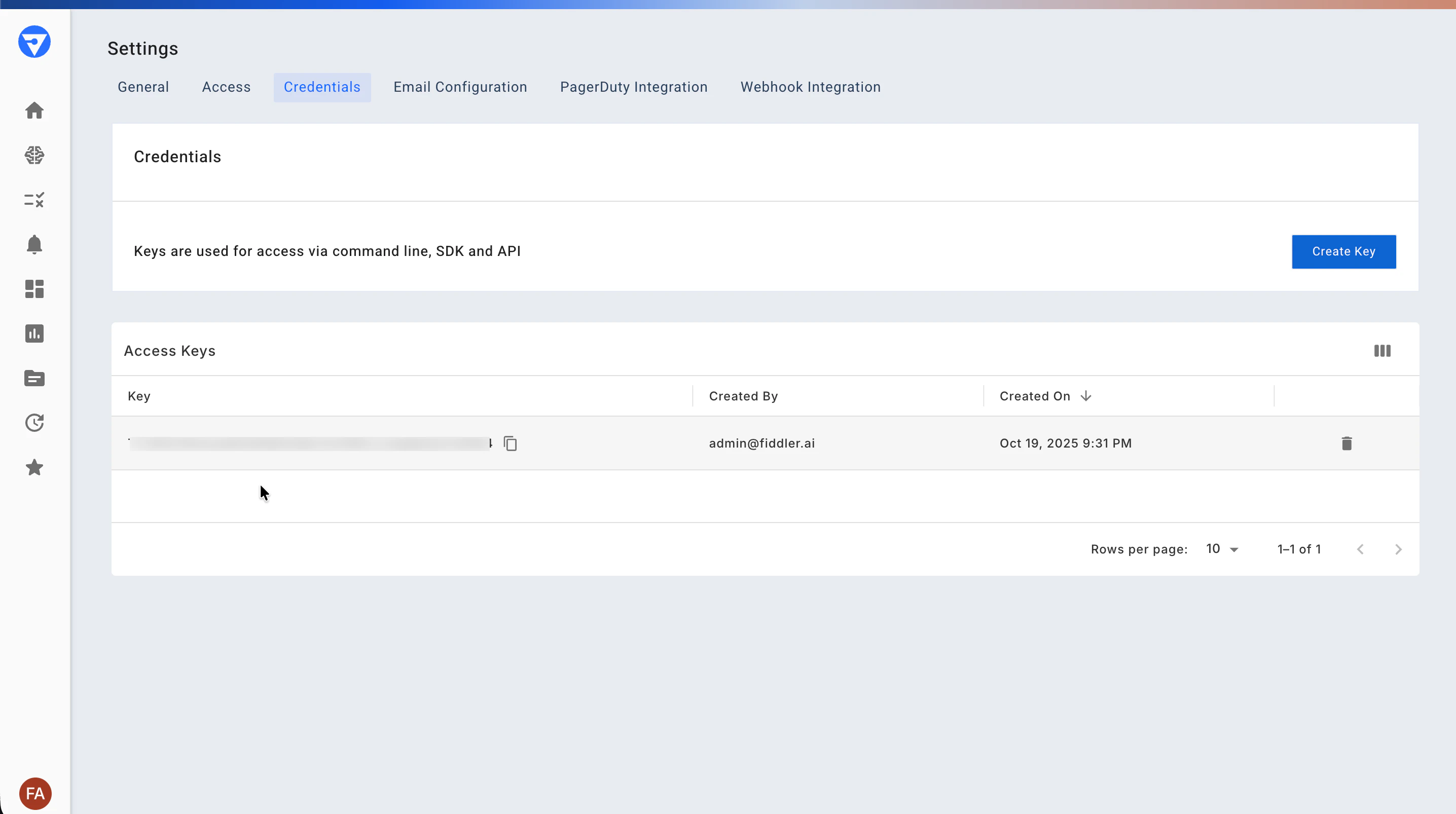 Fiddler Settings- Credentials tab showing admin's access token