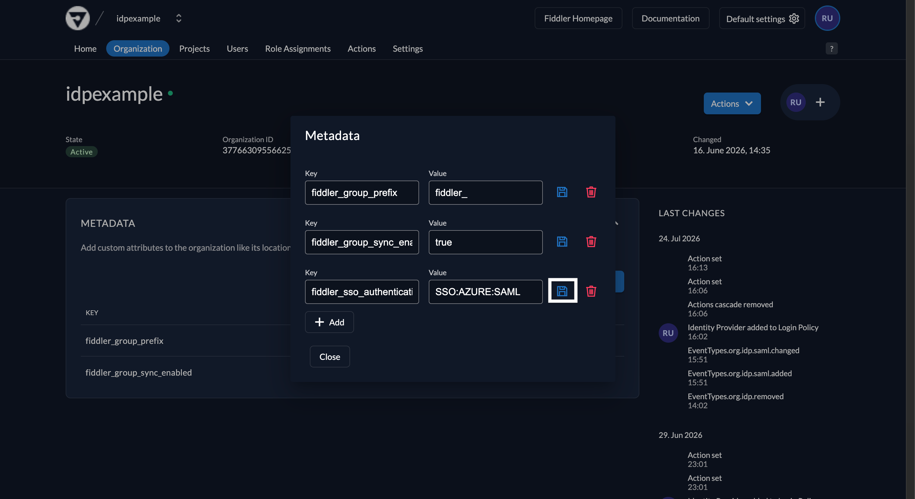 Fiddler AuthN console organization metadata with Entra ID SAML authentication type