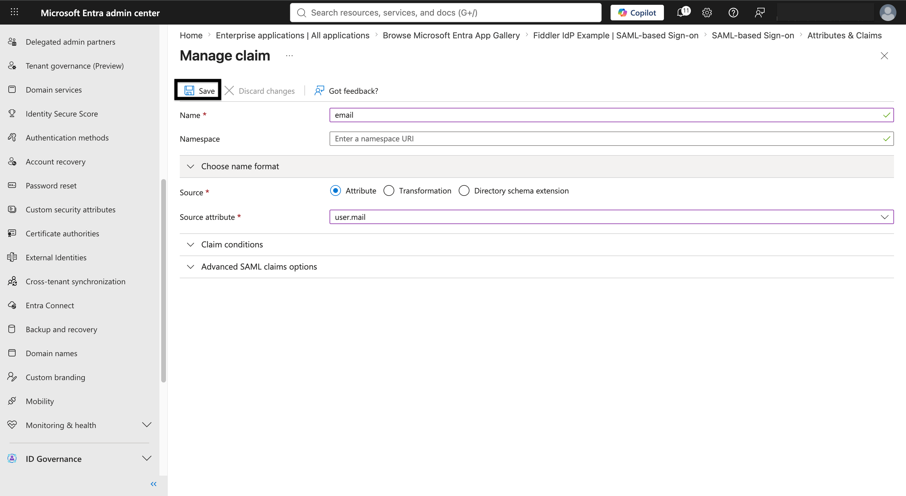Microsoft Entra ID SAML attribute claims