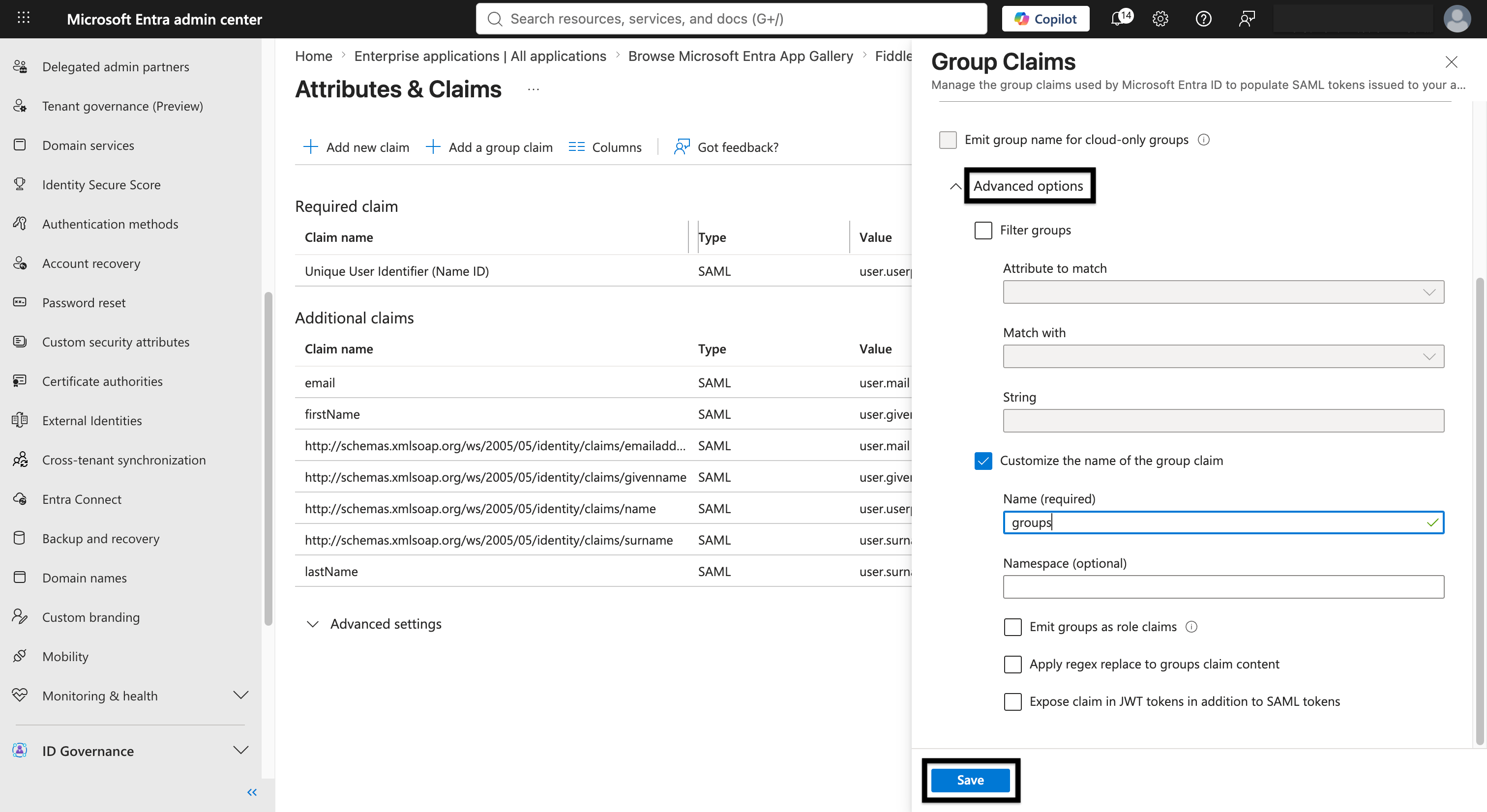 Microsoft Entra ID SAML group claim configuration