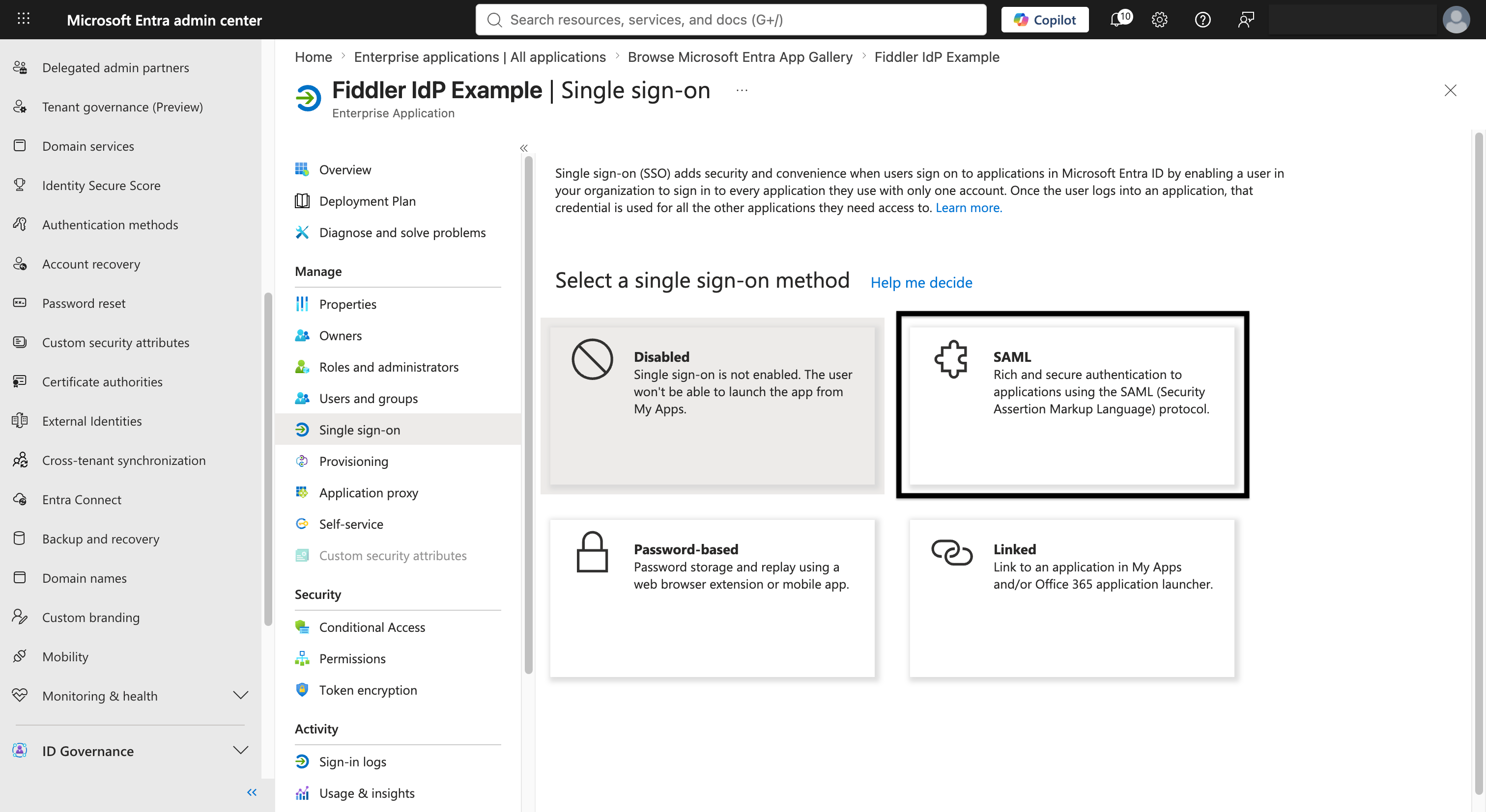 Microsoft Entra ID single sign-on method selection with SAML highlighted
