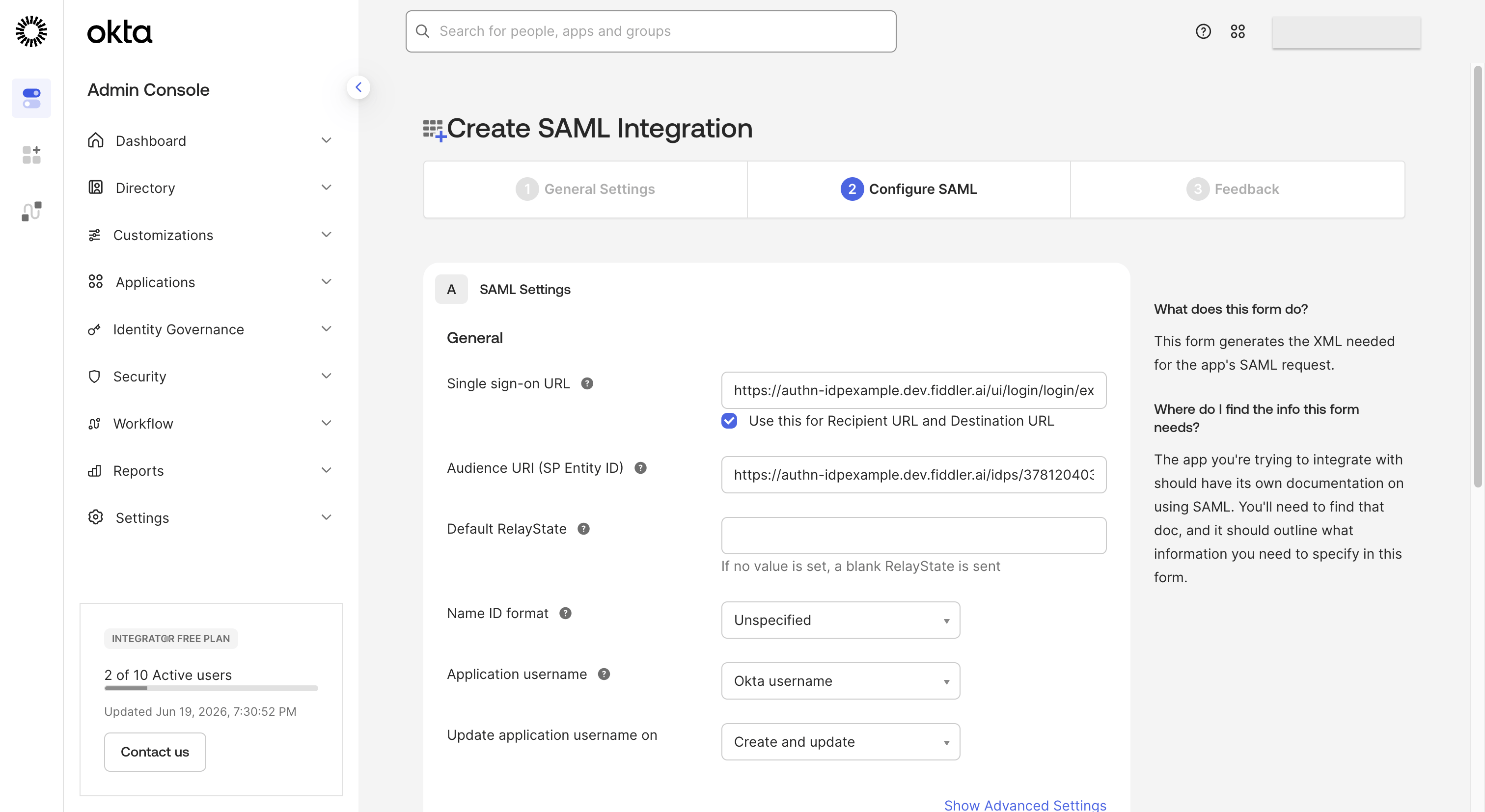Okta admin console configure SAML settings
