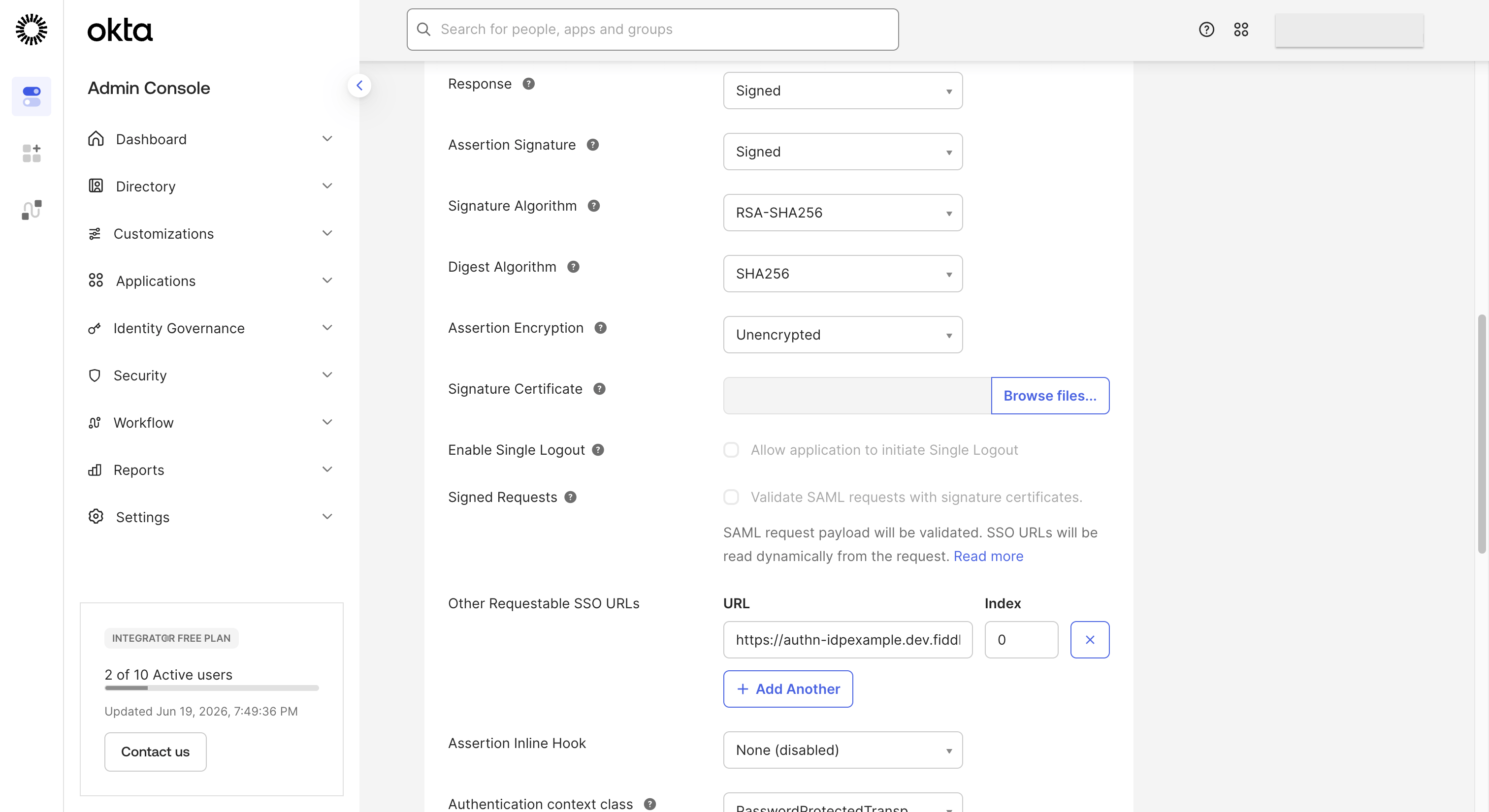 Okta admin console configure SAML settings - requestable URL