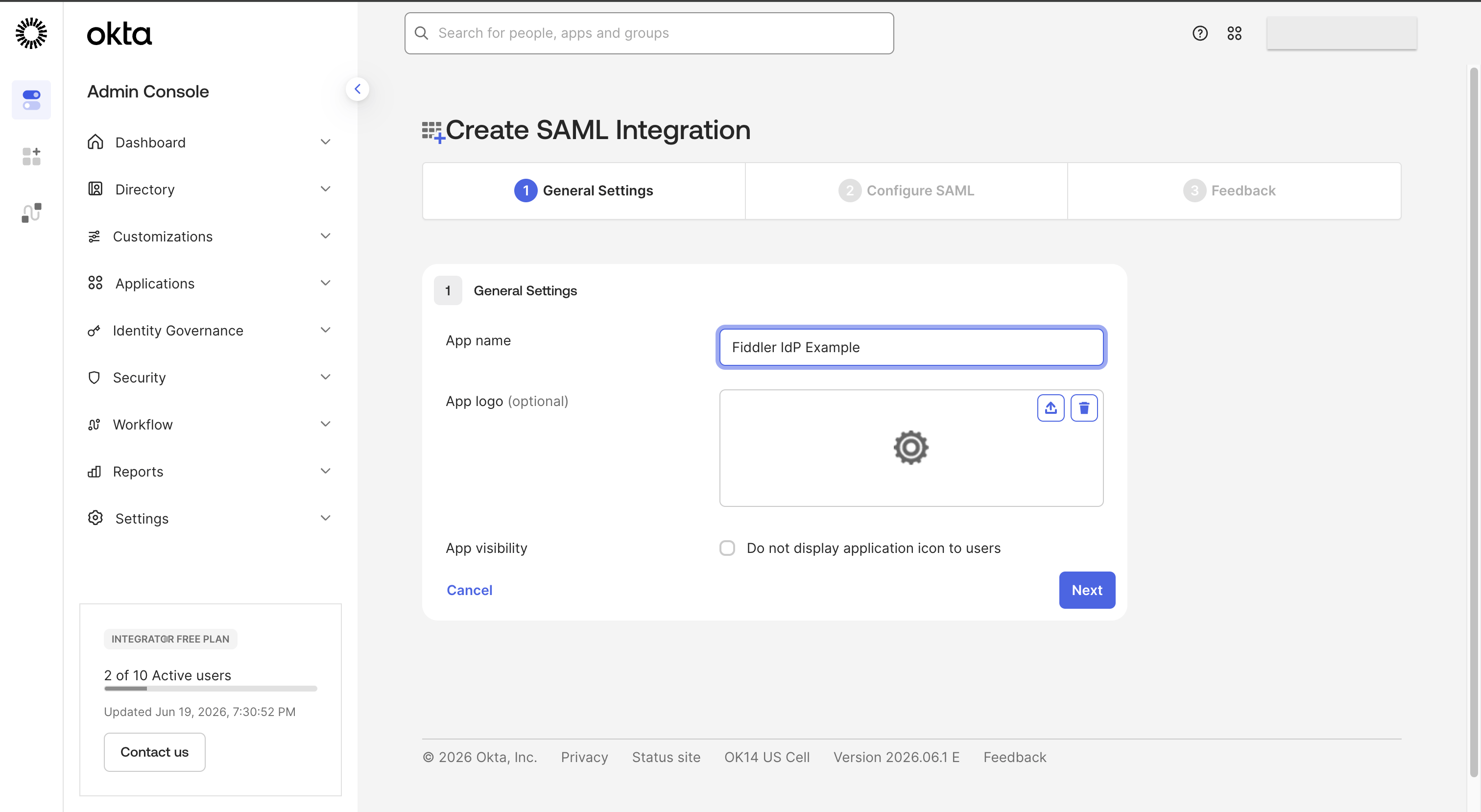 Okta admin console enter your new app name