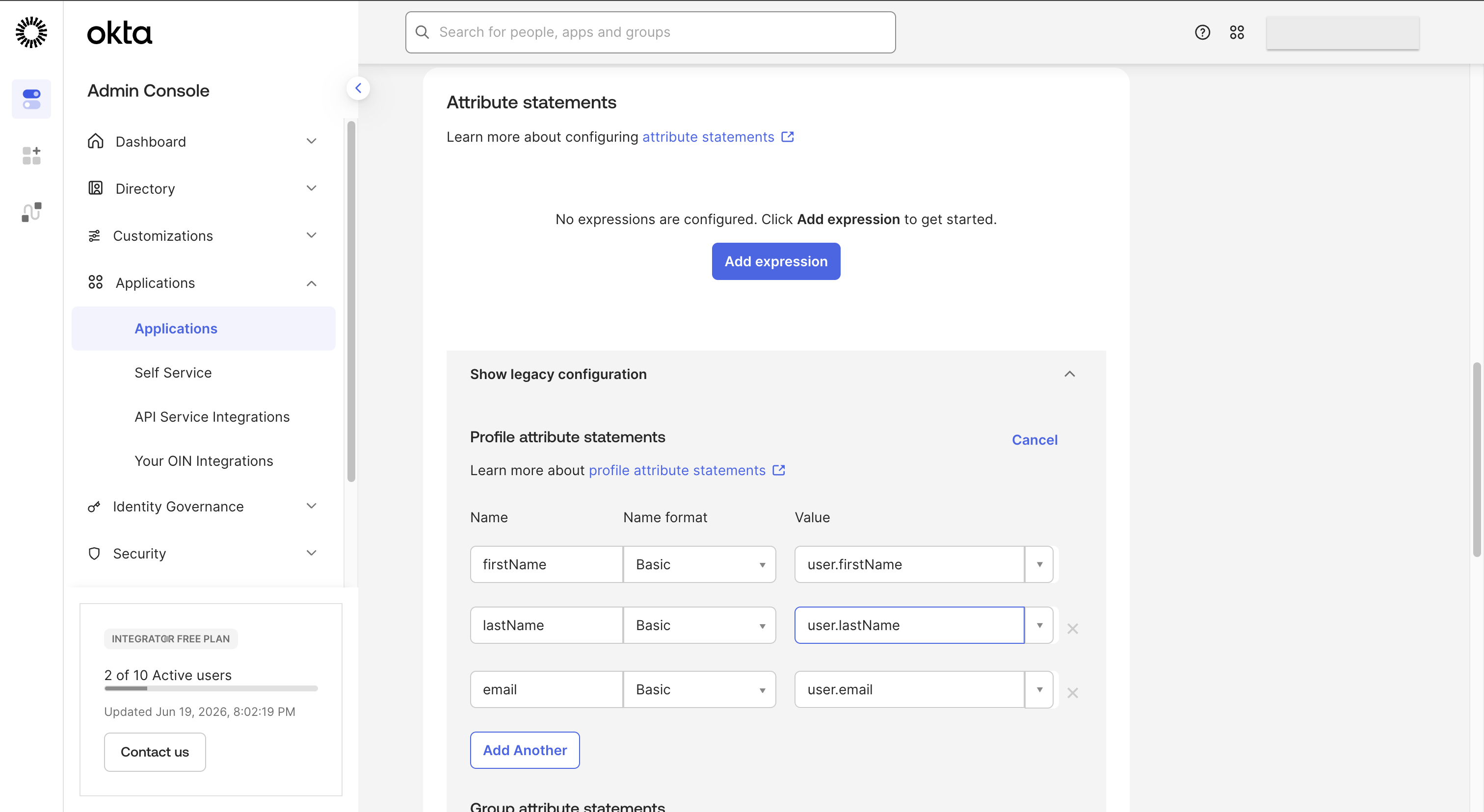 Okta admin console SAML attribute statements