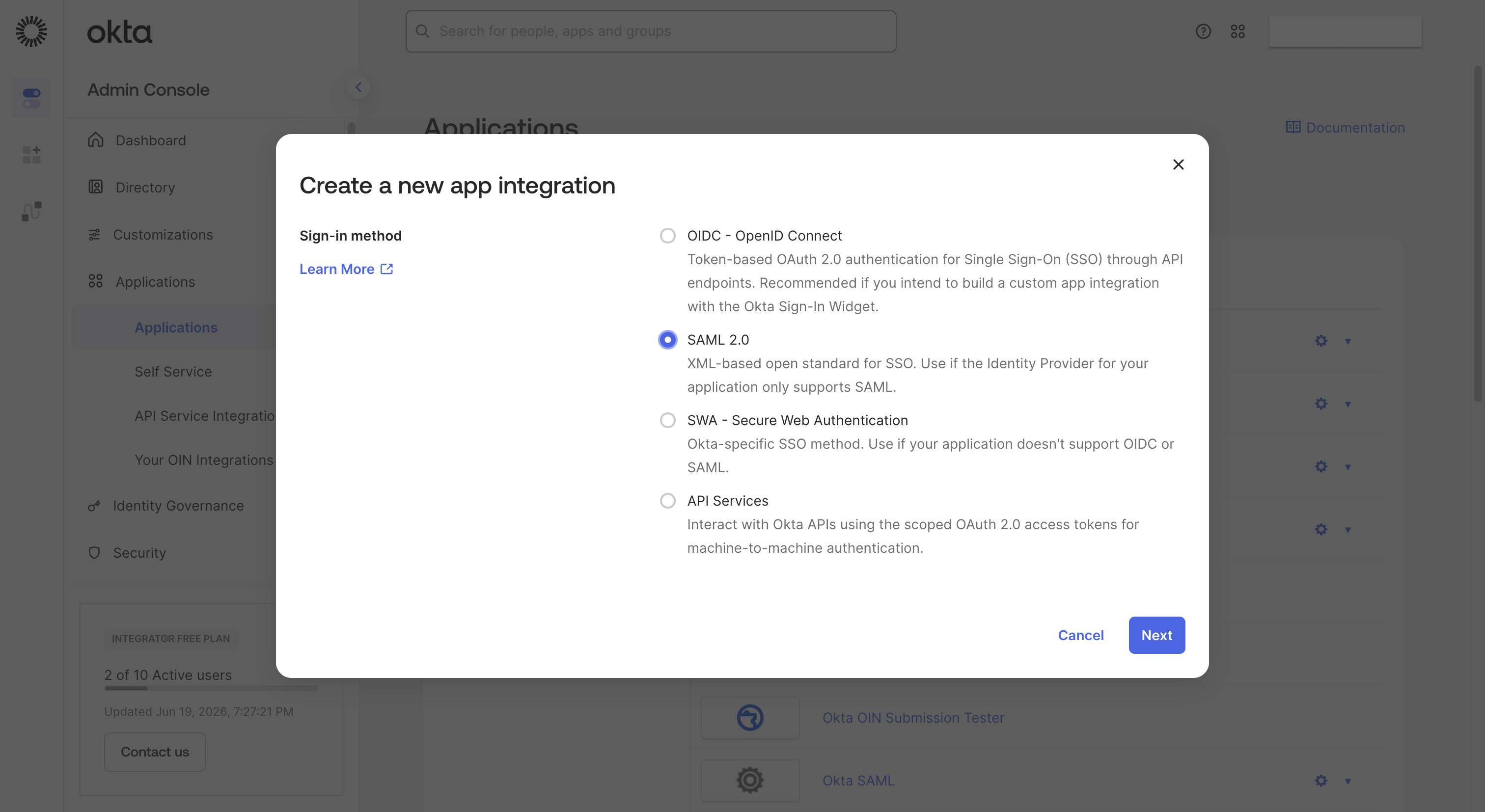 Okta admin console Applications page