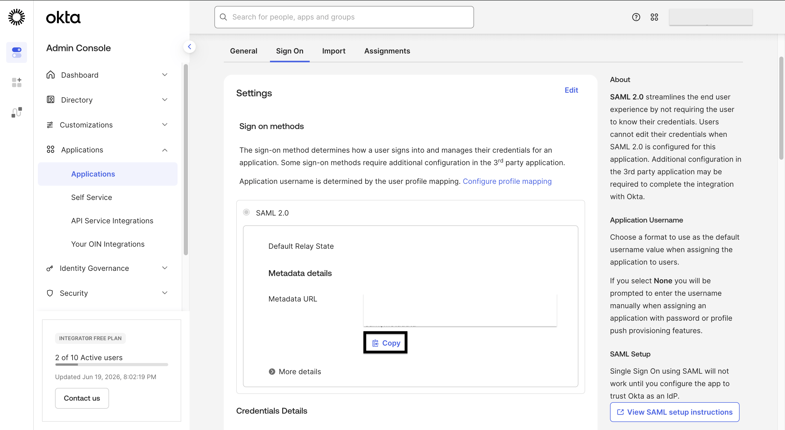 Okta admin console SAML 2.0 metadata URL