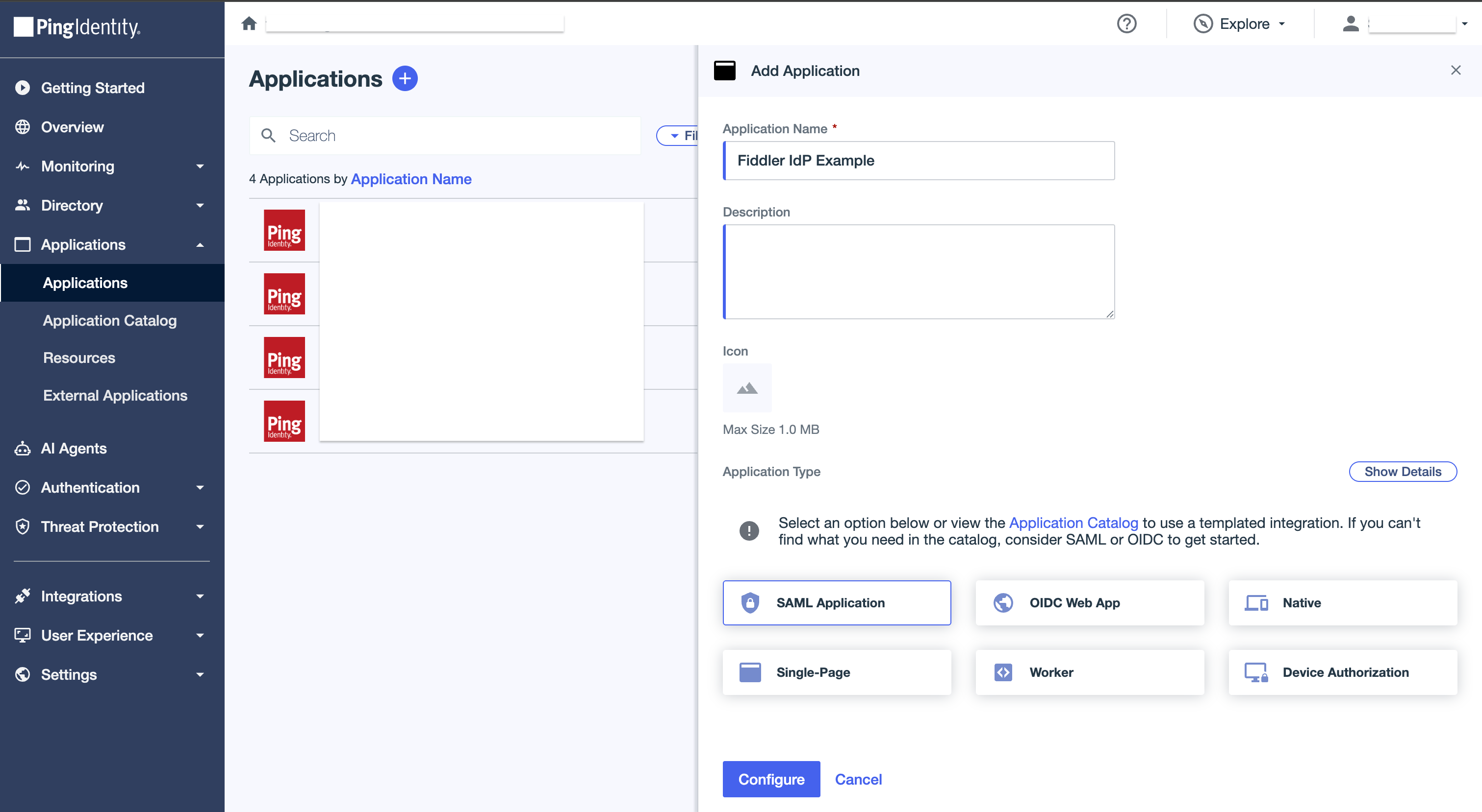 PingOne admin console SAML application name and type